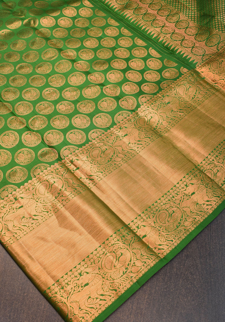 Exquisite Celebrity Grand Brocade Kanjivaram Pure Silk Saree in Leaf Green with Intricate Pallu and Zari  | SILK MARK CERTIFIED