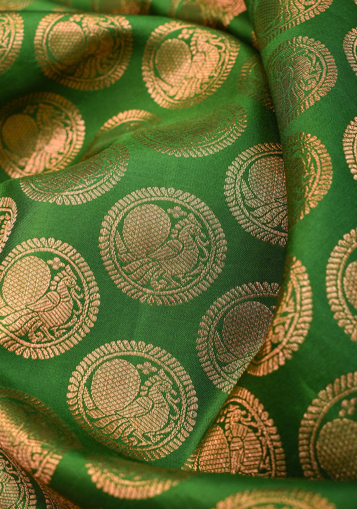 Exquisite Celebrity Grand Brocade Kanjivaram Pure Silk Saree in Leaf Green with Intricate Pallu and Zari  | SILK MARK CERTIFIED