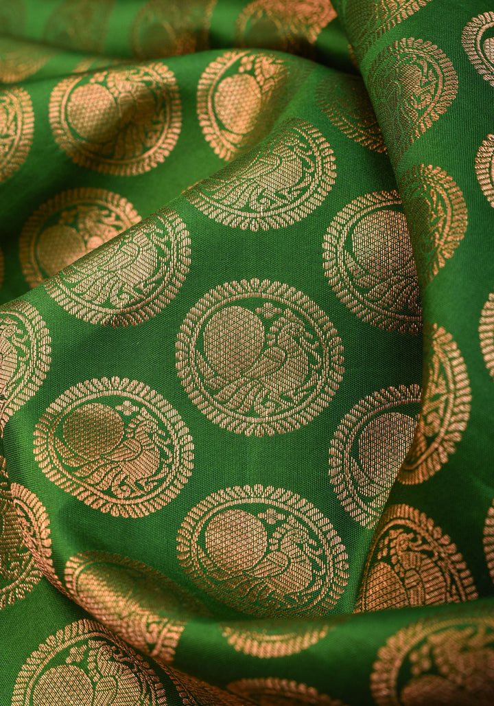 Exquisite Celebrity Grand Brocade Kanjivaram Pure Silk Saree in Leaf Green with Intricate Pallu and Zari  | SILK MARK CERTIFIED