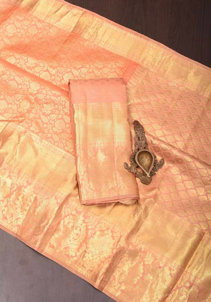 Peach Zari Brocade Rose Design Pure Kanjivaram Silk Saree with Wide Border | SILK MARK CERTIFIED