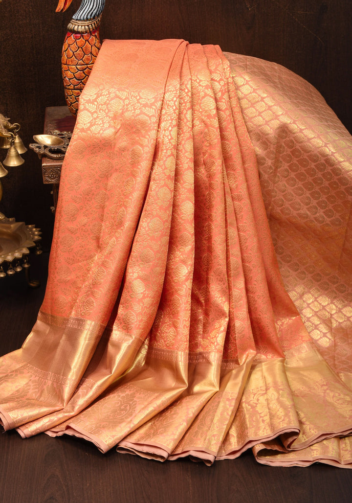 Peach Zari Brocade Rose Design Pure Kanjivaram Silk Saree with Wide Border | SILK MARK CERTIFIED