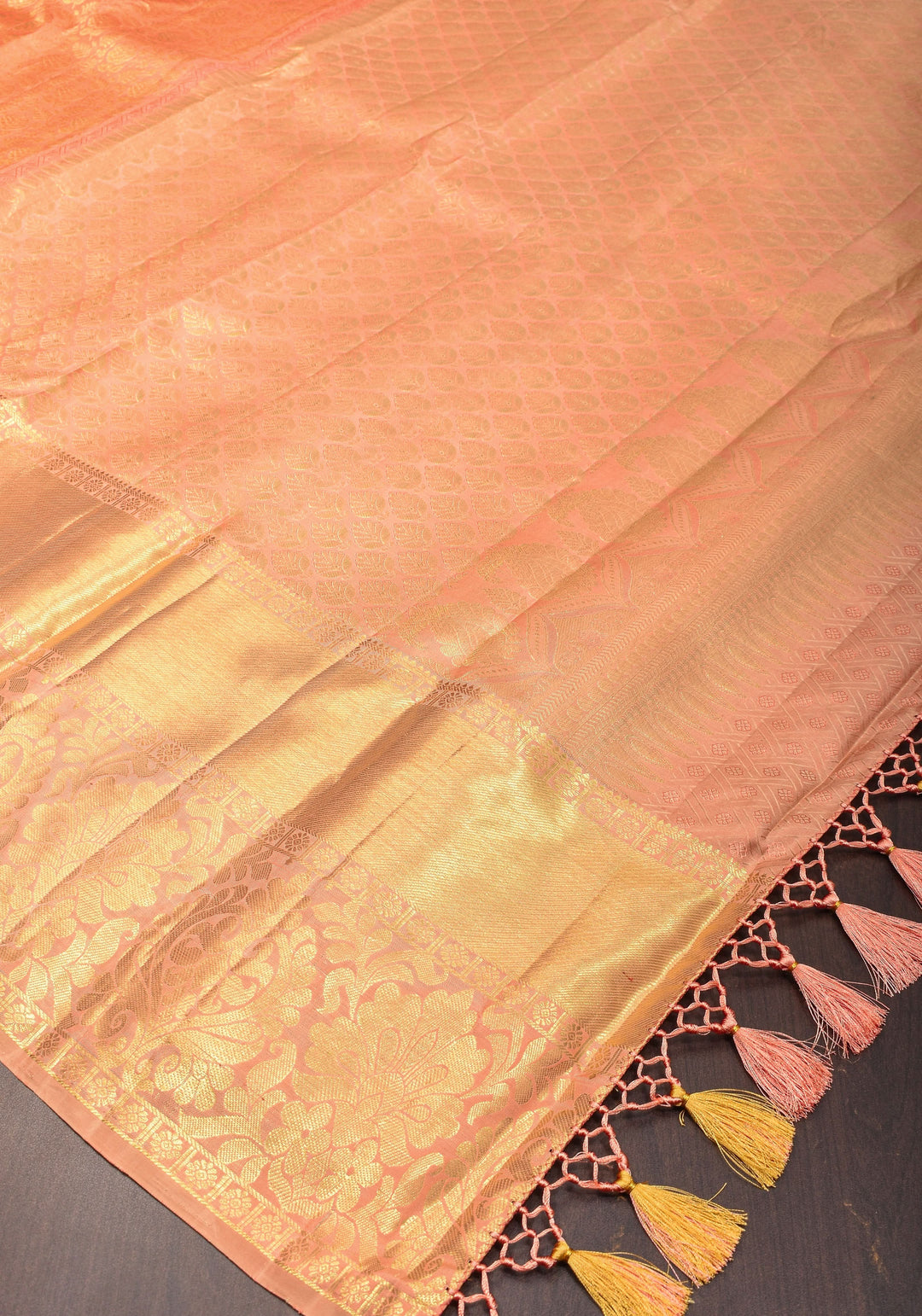 Peach Zari Brocade Rose Design Pure Kanjivaram Silk Saree with Wide Border | SILK MARK CERTIFIED