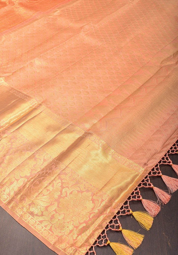 Peach Zari Brocade Rose Design Pure Kanjivaram Silk Saree with Wide Border | SILK MARK CERTIFIED