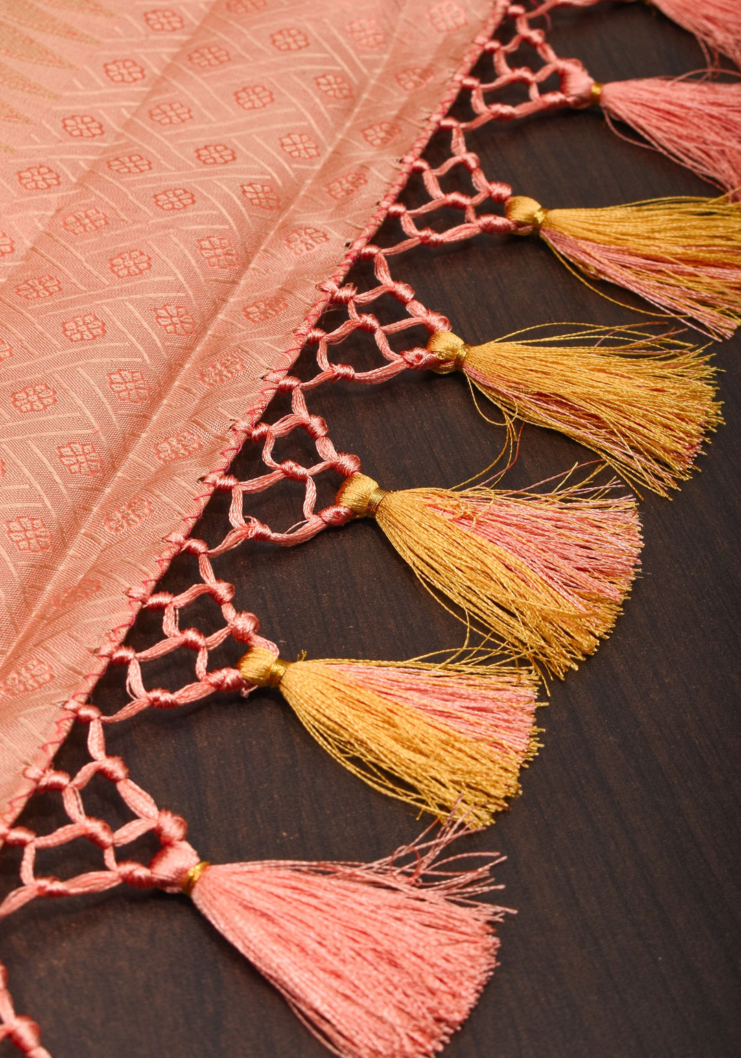 Peach Zari Brocade Rose Design Pure Kanjivaram Silk Saree with Wide Border | SILK MARK CERTIFIED