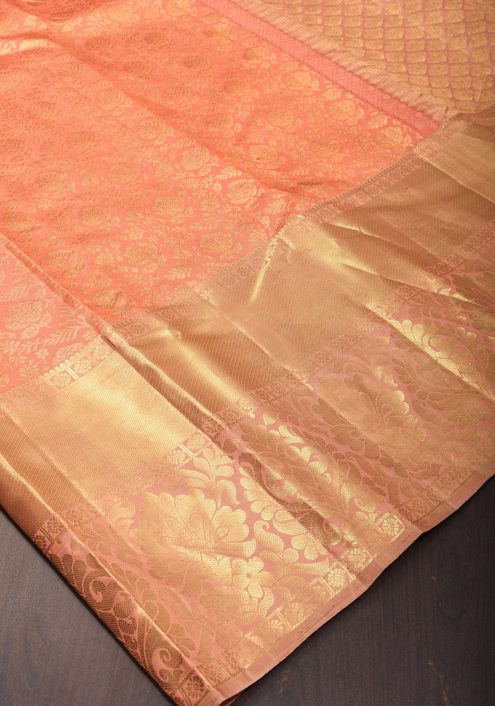 Peach Zari Brocade Rose Design Pure Kanjivaram Silk Saree with Wide Border | SILK MARK CERTIFIED