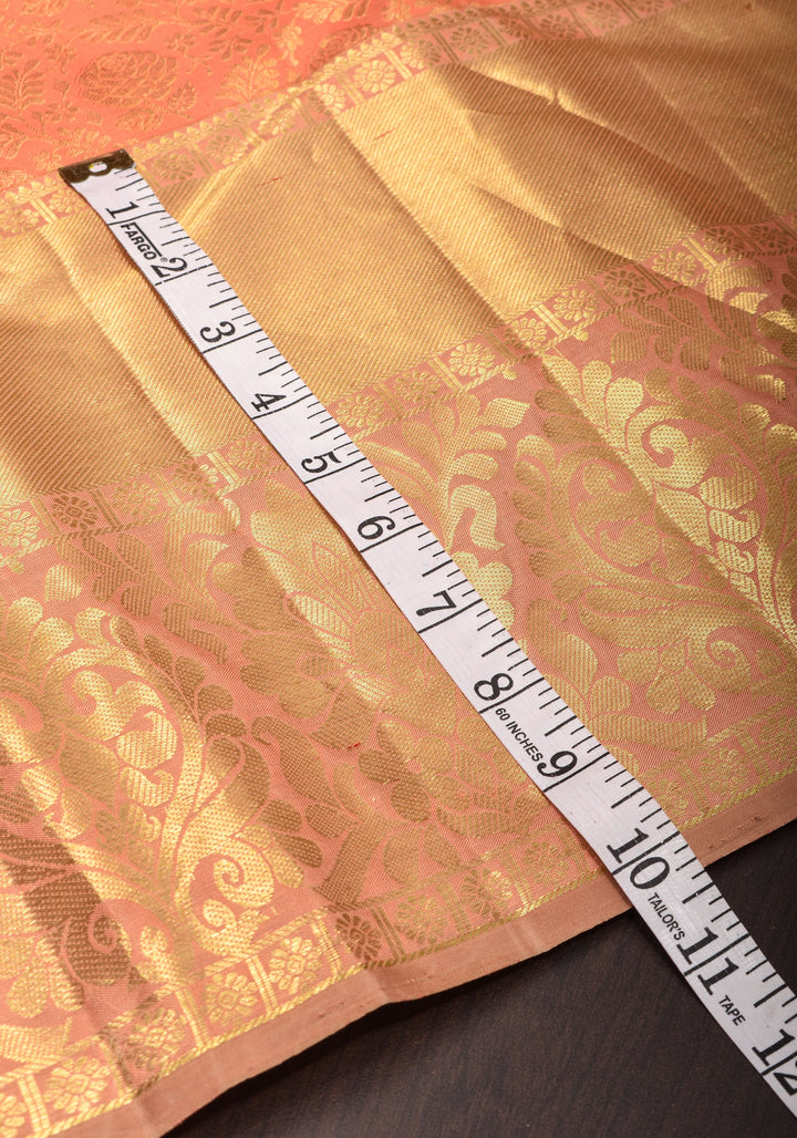Peach Zari Brocade Rose Design Pure Kanjivaram Silk Saree with Wide Border | SILK MARK CERTIFIED