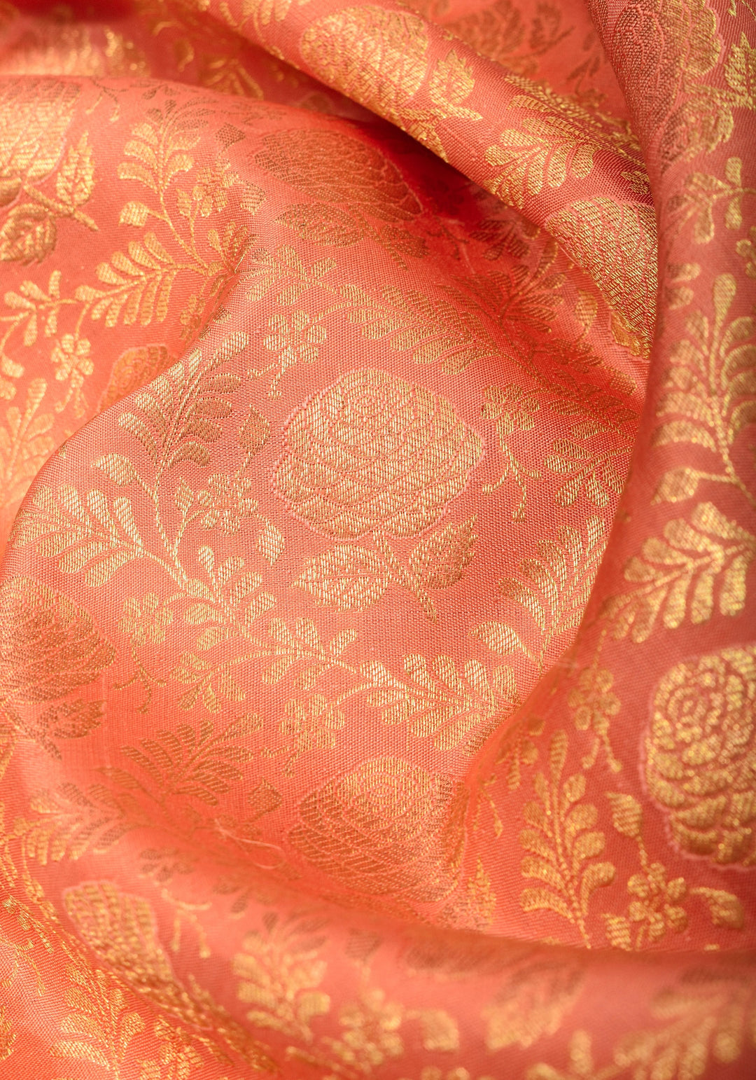 Peach Zari Brocade Rose Design Pure Kanjivaram Silk Saree with Wide Border | SILK MARK CERTIFIED