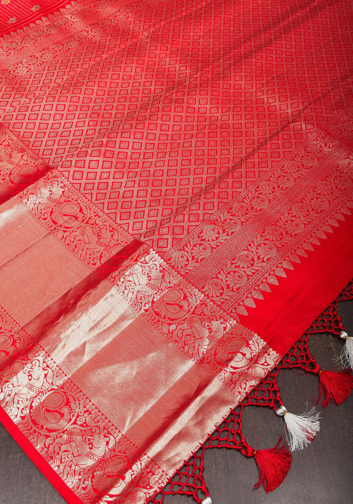 Coral Red Kanjivaram Silk Saree with Zari Checks with Meenakari Motifs  | SILK MARK CERTIFIED