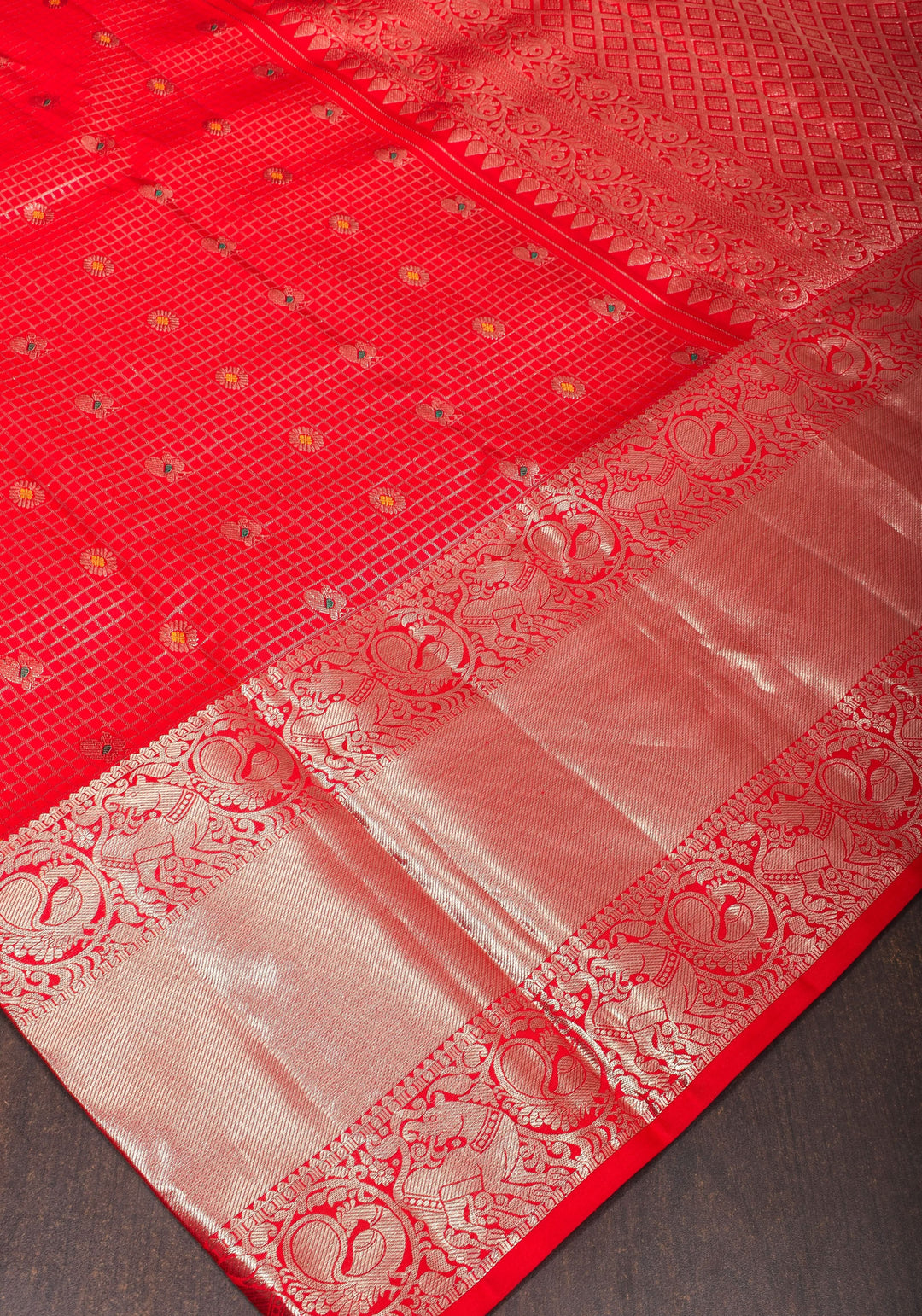 Coral Red Kanjivaram Silk Saree with Zari Checks with Meenakari Motifs  | SILK MARK CERTIFIED