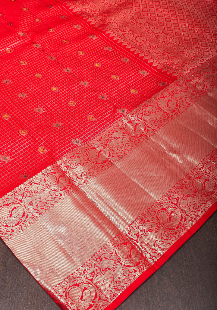 Coral Red Kanjivaram Silk Saree with Zari Checks with Meenakari Motifs  | SILK MARK CERTIFIED