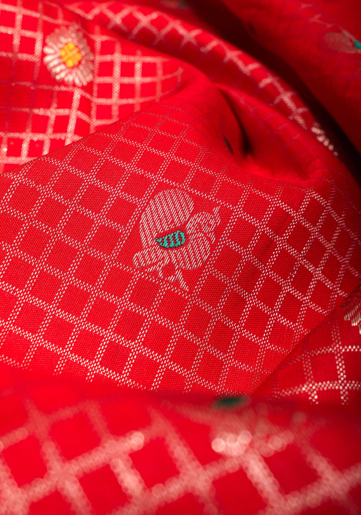 Coral Red Kanjivaram Silk Saree with Zari Checks with Meenakari Motifs  | SILK MARK CERTIFIED