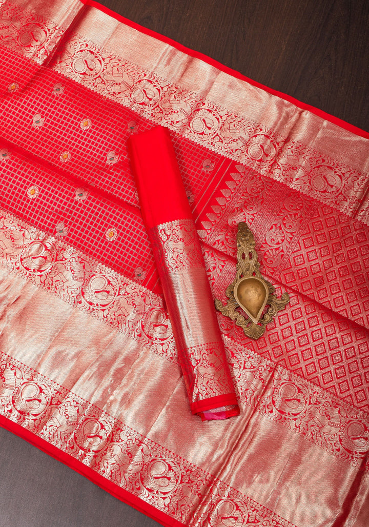 Coral Red Kanjivaram Silk Saree with Zari Checks with Meenakari Motifs  | SILK MARK CERTIFIED
