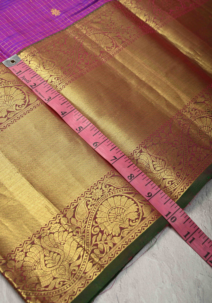 Purple Dual tone Podi-Kattam Zari Checks on Kanjivaram Silk Saree with Zari Buttas and Contrast Zari Border | SILK MARK CERTIFIED