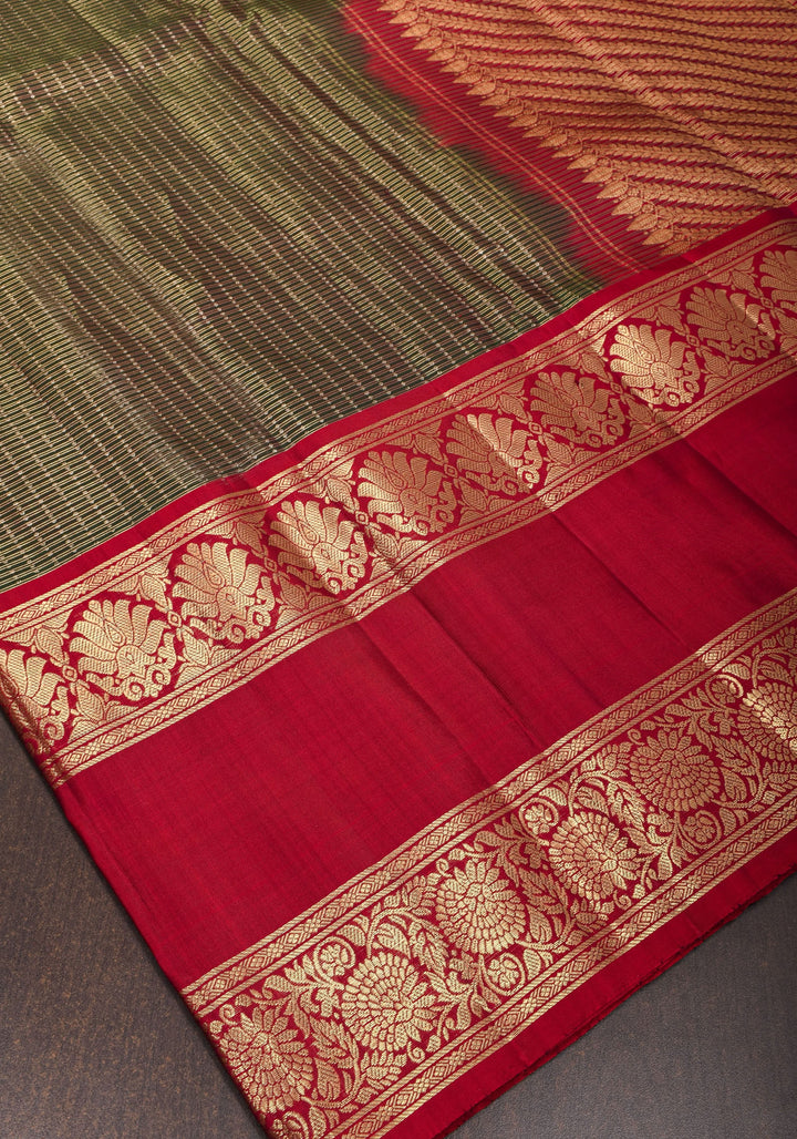 Exquisite Green Kanjivaram Pure Silk Saree with zari checks  and 11” spectacular borders  | SILK MARK CERTIFIED