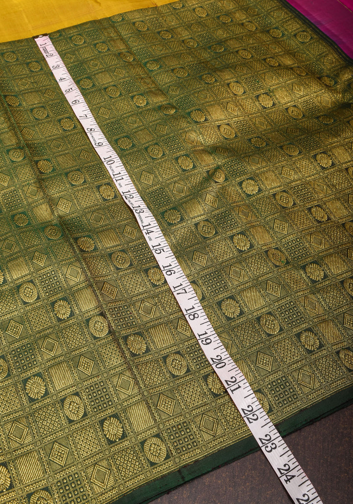 Mustard and Green Stunning Half Border Kanjivaram Pure Silk saree with Pink Pallu | SILK MARK CERTIFIED