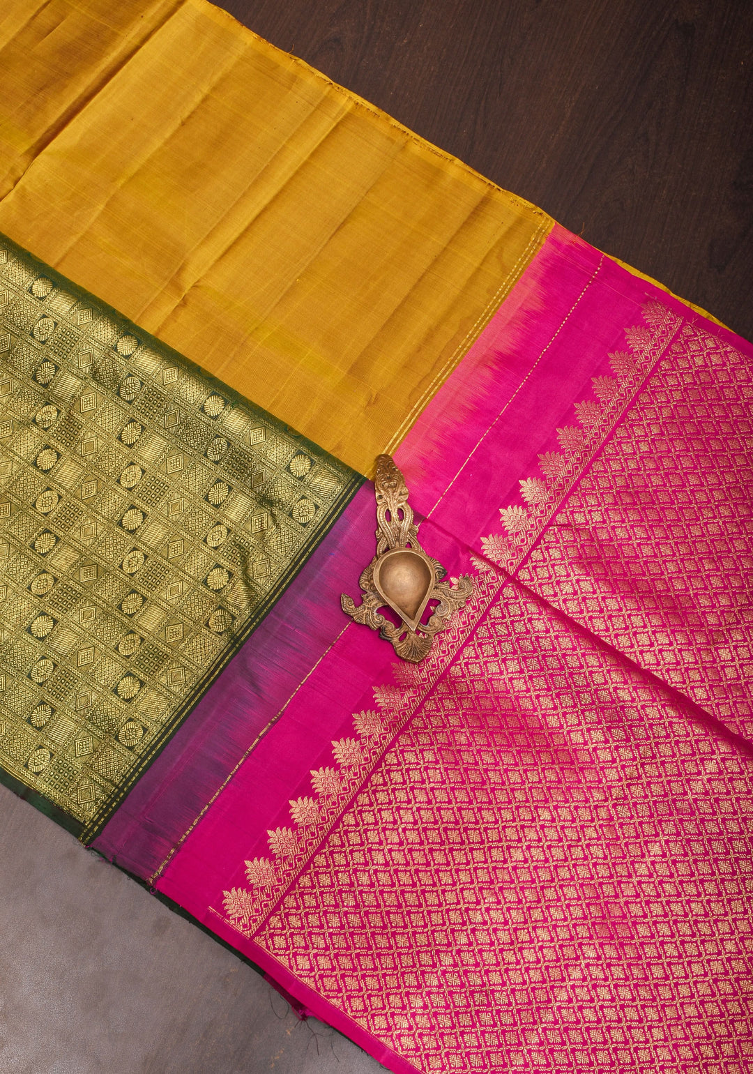 Mustard and Green Stunning Half Border Kanjivaram Pure Silk saree with Pink Pallu | SILK MARK CERTIFIED