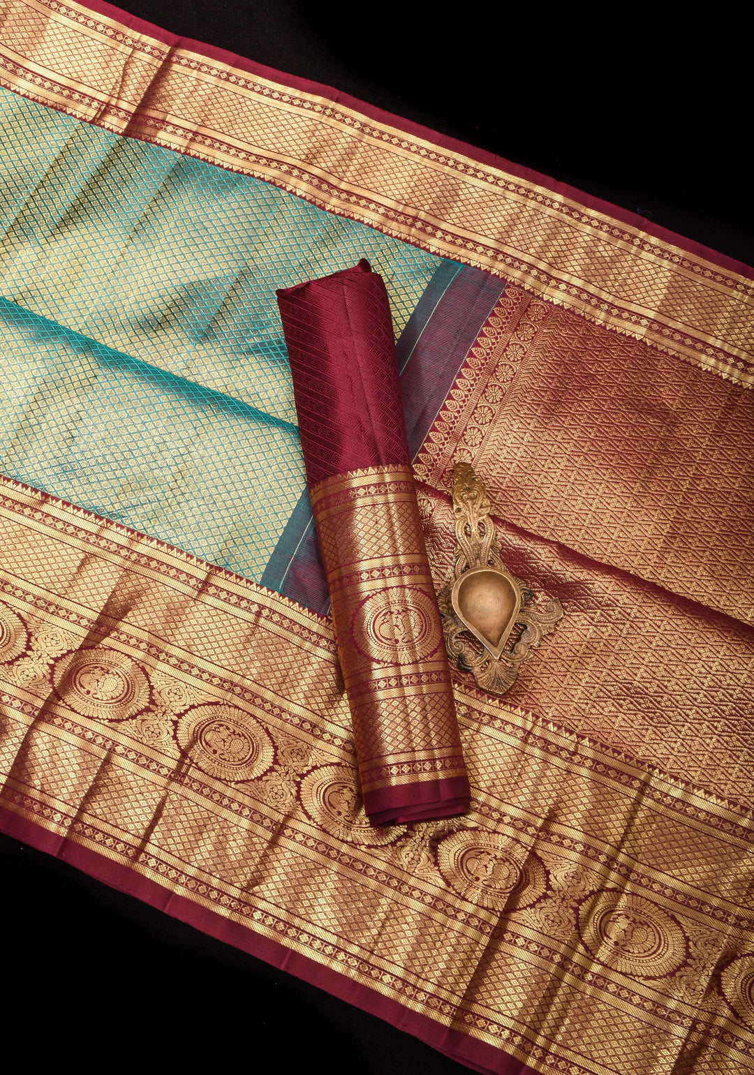 Brocade Kanjivaram Pure Silk Saree in Sea Green and Brown  | SILK MARK CERTIFIED