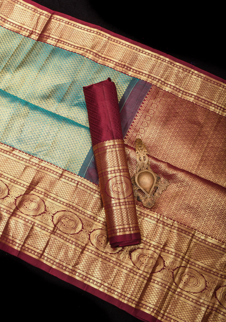 Brocade Kanjivaram Pure Silk Saree in Sea Green and Brown  | SILK MARK CERTIFIED