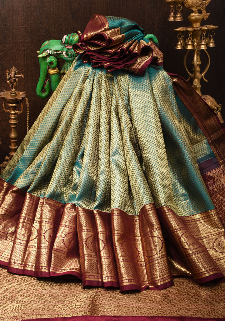 Brocade Kanjivaram Pure Silk Saree in Sea Green and Brown  | SILK MARK CERTIFIED