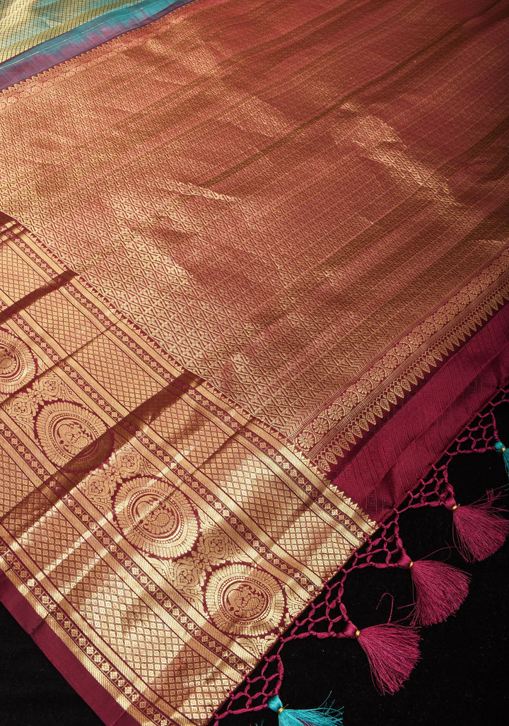 Brocade Kanjivaram Pure Silk Saree in Sea Green and Brown  | SILK MARK CERTIFIED