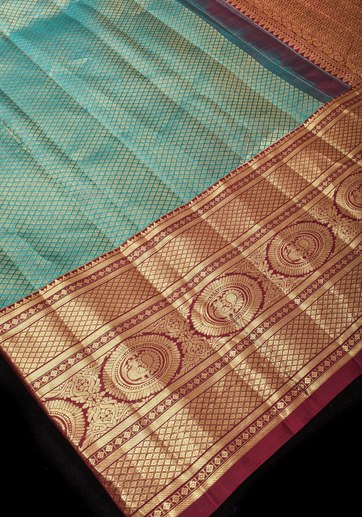 Brocade Kanjivaram Pure Silk Saree in Sea Green and Brown  | SILK MARK CERTIFIED