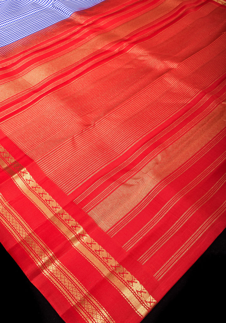 Stunning Blue checks Pure Kanjivaram Silk Saree with Red Temple border |SILK MARK CERTIFIED.<br>