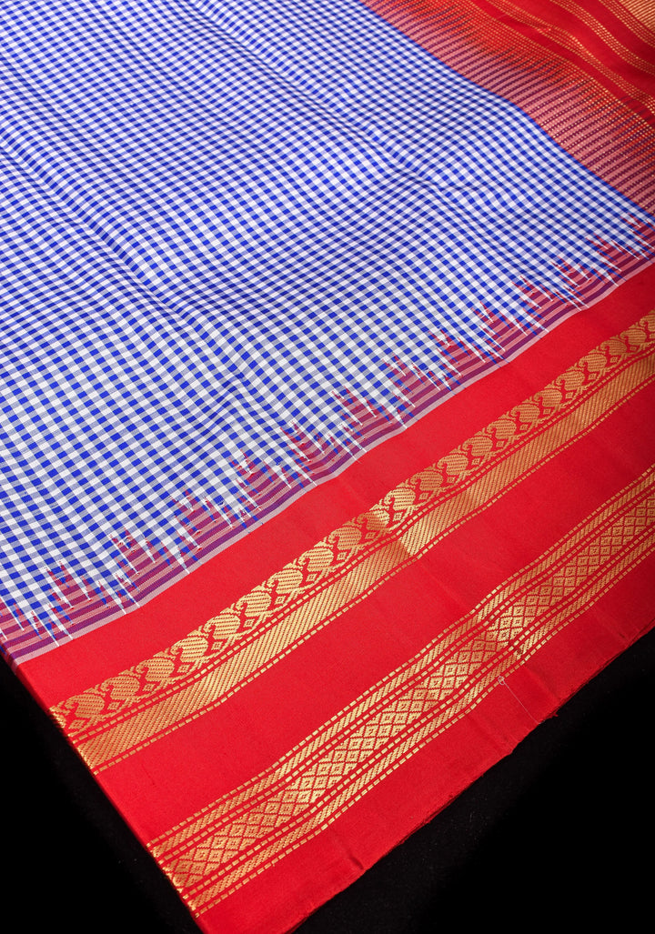 Stunning Blue checks Pure Kanjivaram Silk Saree with Red Temple border |SILK MARK CERTIFIED.<br>