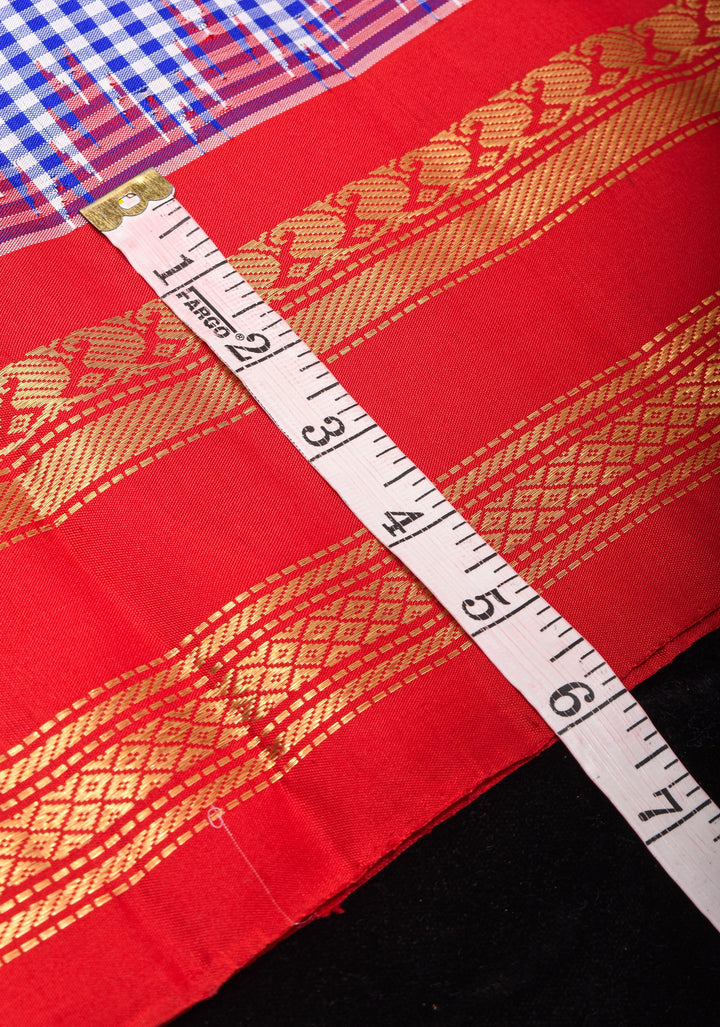 Stunning Blue checks Pure Kanjivaram Silk Saree with Red Temple border |SILK MARK CERTIFIED.<br>