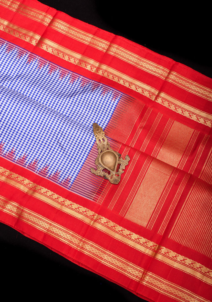 Stunning Blue checks Pure Kanjivaram Silk Saree with Red Temple border |SILK MARK CERTIFIED.<br>
