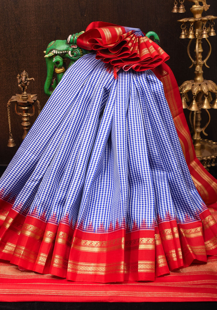 Stunning Blue checks Pure Kanjivaram Silk Saree with Red Temple border |SILK MARK CERTIFIED.<br>