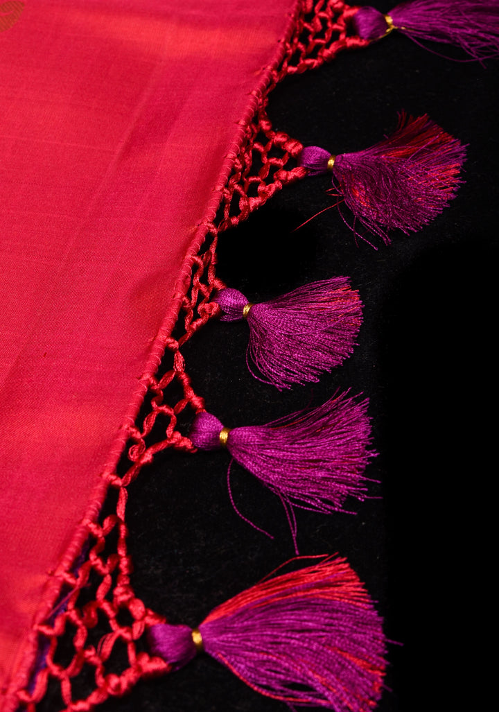 Purple Dual Tone Pure Silk Kanjivaram Saree with Damask Motifs and Red wide border | SILK MARK CERTIFIED
