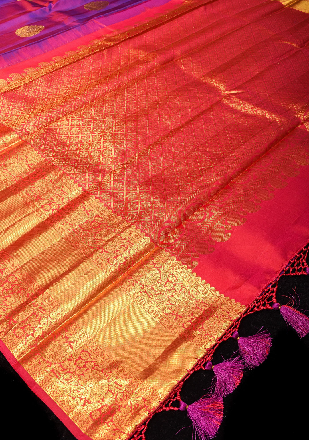 Purple Dual Tone Pure Silk Kanjivaram Saree with Damask Motifs and Red wide border | SILK MARK CERTIFIED