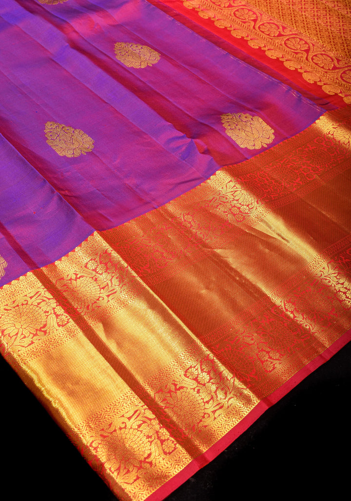 Purple Dual Tone Pure Silk Kanjivaram Saree with Damask Motifs and Red wide border | SILK MARK CERTIFIED