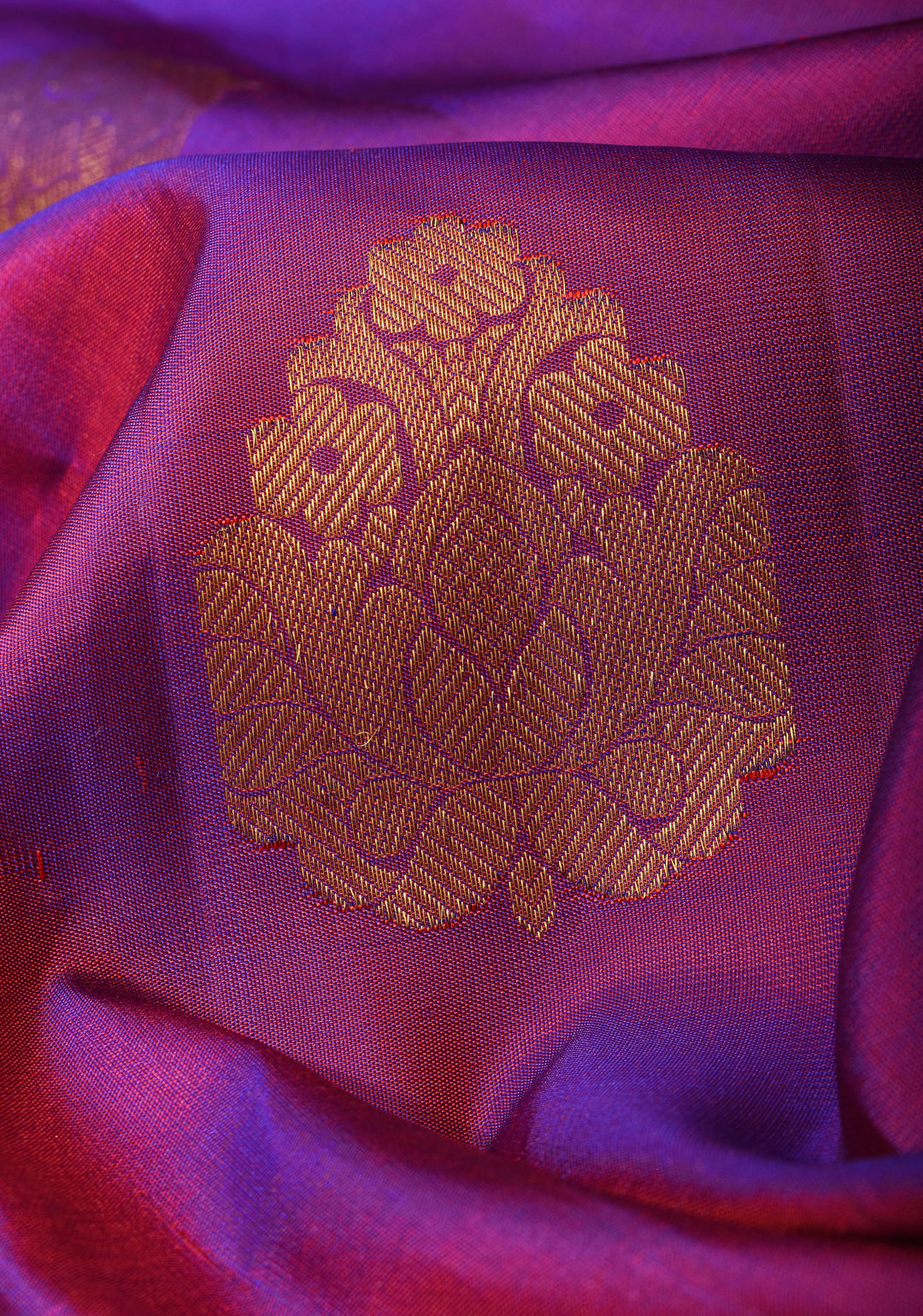 Purple Dual Tone Pure Silk Kanjivaram Saree with Damask Motifs and Red wide border | SILK MARK CERTIFIED