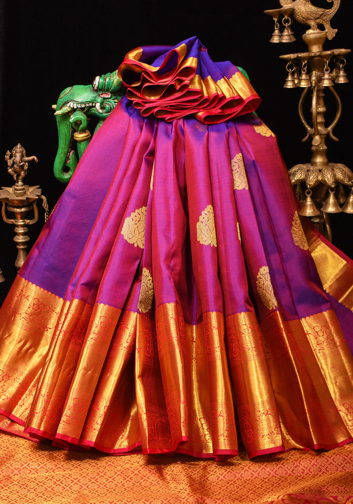 Purple Dual Tone Pure Silk Kanjivaram Saree with Damask Motifs and Red wide border | SILK MARK CERTIFIED
