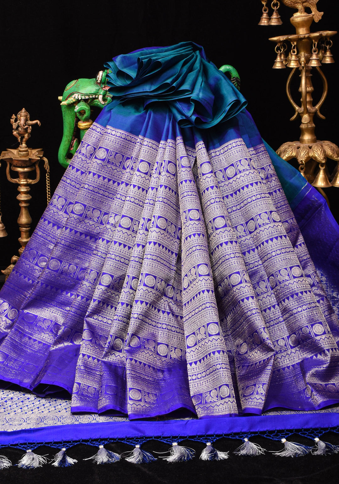Unique 23" Peacock Blue and Purple Half Border Kanjivaram Pure Silk saree | SILK MARK CERTIFIED