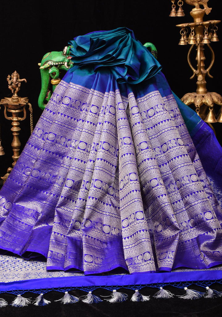 Unique 23" Peacock Blue and Purple Half Border Kanjivaram Pure Silk saree | SILK MARK CERTIFIED