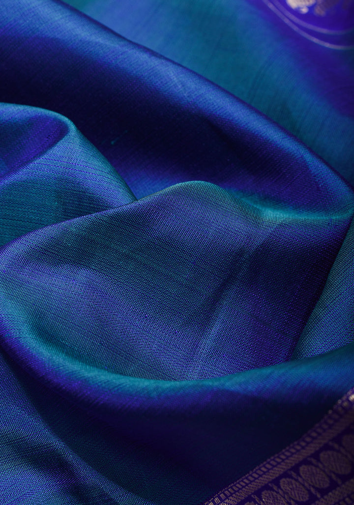 Unique 23" Peacock Blue and Purple Half Border Kanjivaram Pure Silk saree | SILK MARK CERTIFIED