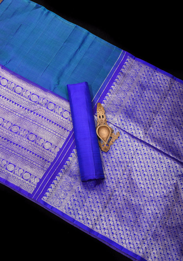 Unique 23" Peacock Blue and Purple Half Border Kanjivaram Pure Silk saree | SILK MARK CERTIFIED