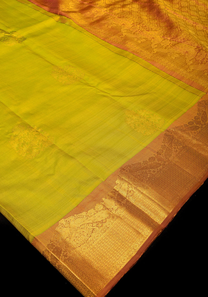 Citrine Dual  tone Kanjivaram Pure Silk Saree with Zari Floral motifs and zari border| SILK MARK CERTIFIED
