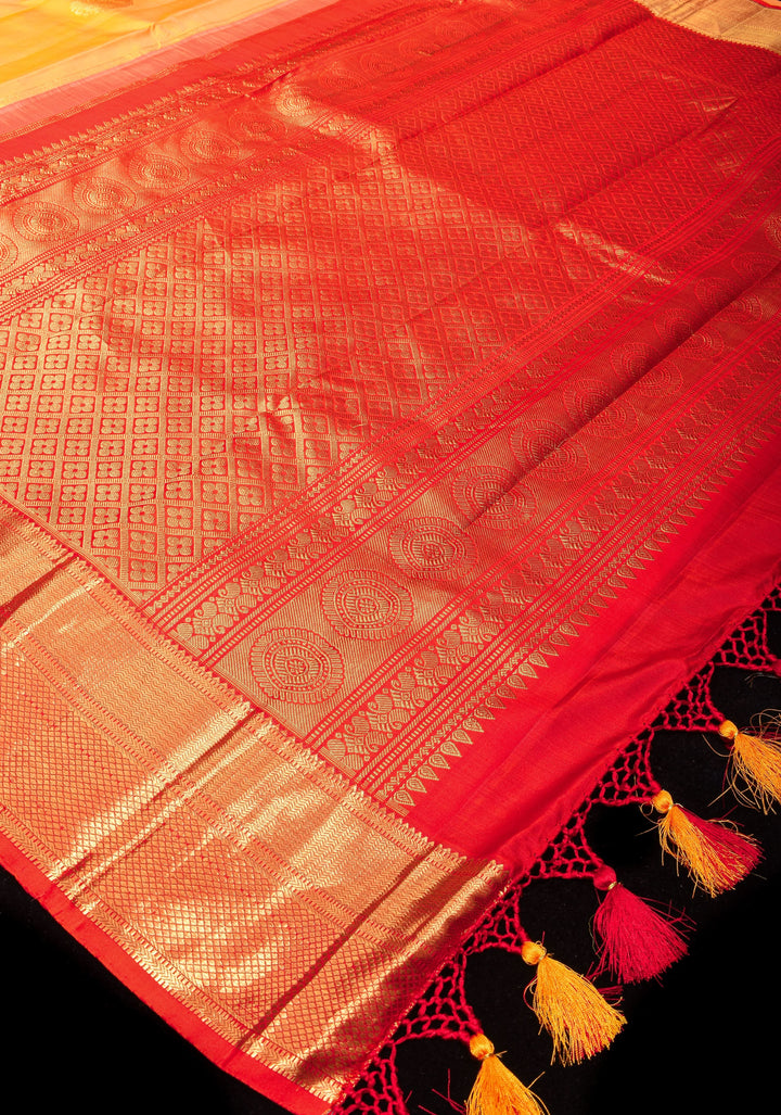 Haldi Yellow Kanjivaram Pure Silk Saree with Peacock motifs and zari Border| SILK MARK CERTIFIED
