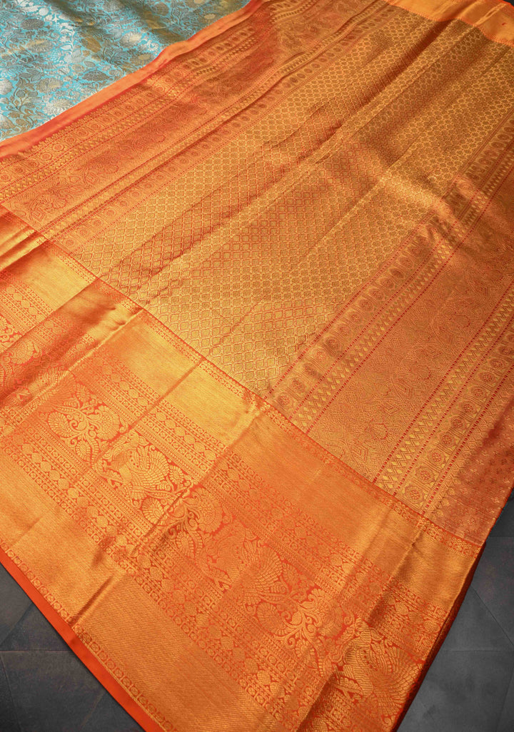 Dusty Teal Tissue Kanjivaram Silk Saree with Floral Brocade Jaal and Contrast Wide Zari Border | SILK MARK CERTIFIED
