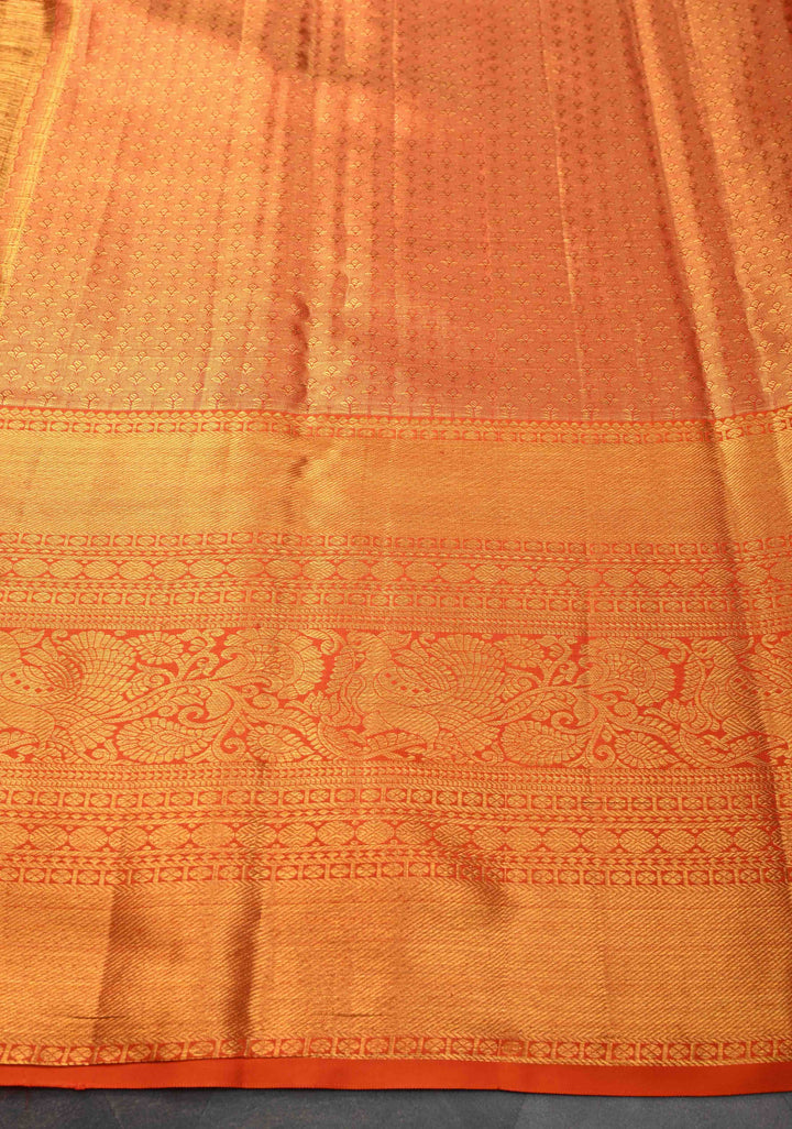 Dusty Teal Tissue Kanjivaram Silk Saree with Floral Brocade Jaal and Contrast Wide Zari Border | SILK MARK CERTIFIED