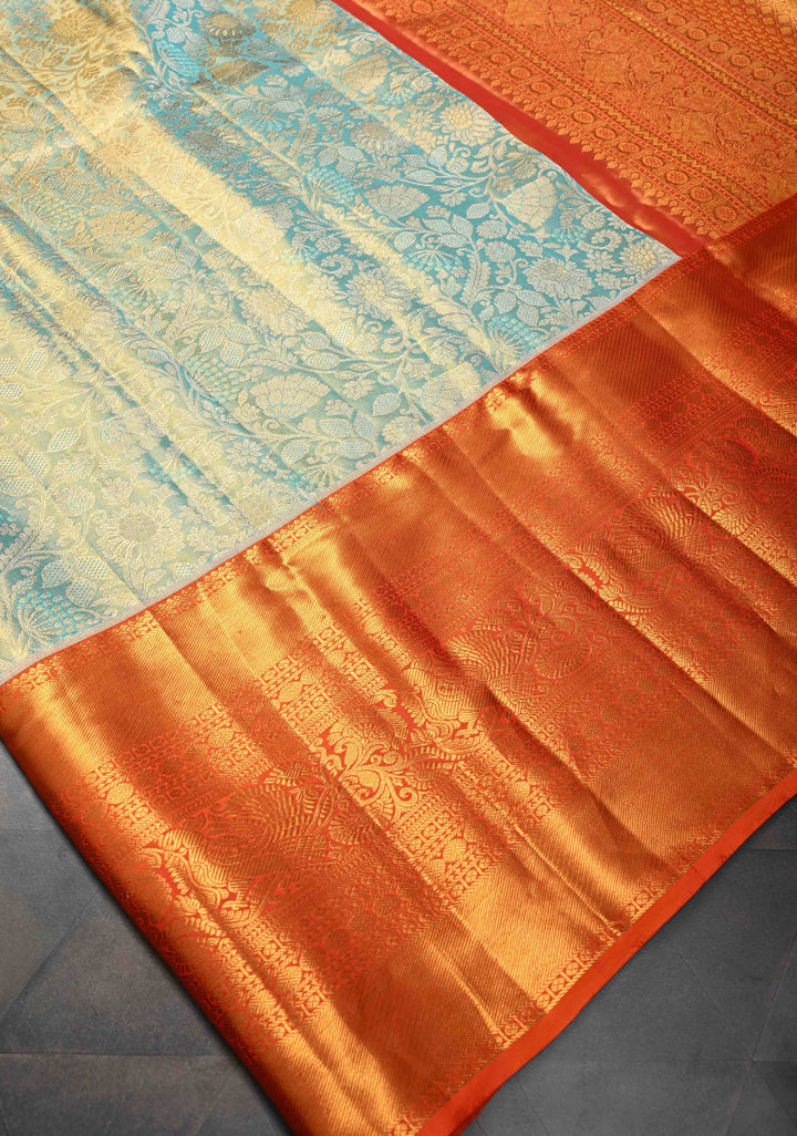 Dusty Teal Tissue Kanjivaram Silk Saree with Floral Brocade Jaal and Contrast Wide Zari Border | SILK MARK CERTIFIED