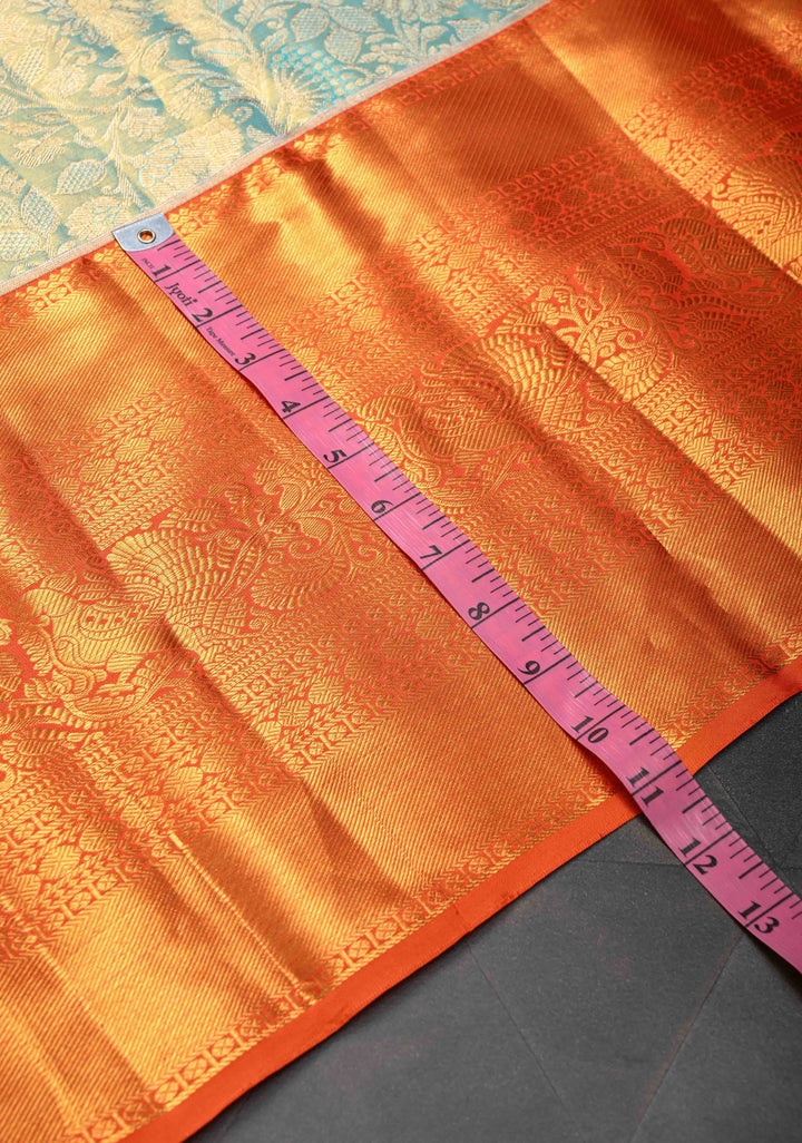 Dusty Teal Tissue Kanjivaram Silk Saree with Floral Brocade Jaal and Contrast Wide Zari Border | SILK MARK CERTIFIED