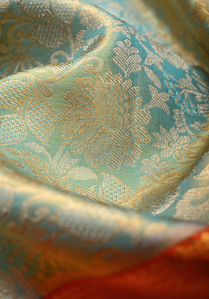 Dusty Teal Tissue Kanjivaram Silk Saree with Floral Brocade Jaal and Contrast Wide Zari Border | SILK MARK CERTIFIED