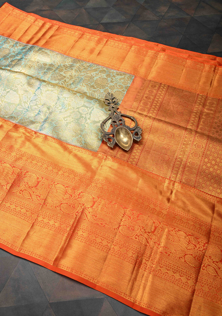 Dusty Teal Tissue Kanjivaram Silk Saree with Floral Brocade Jaal and Contrast Wide Zari Border | SILK MARK CERTIFIED