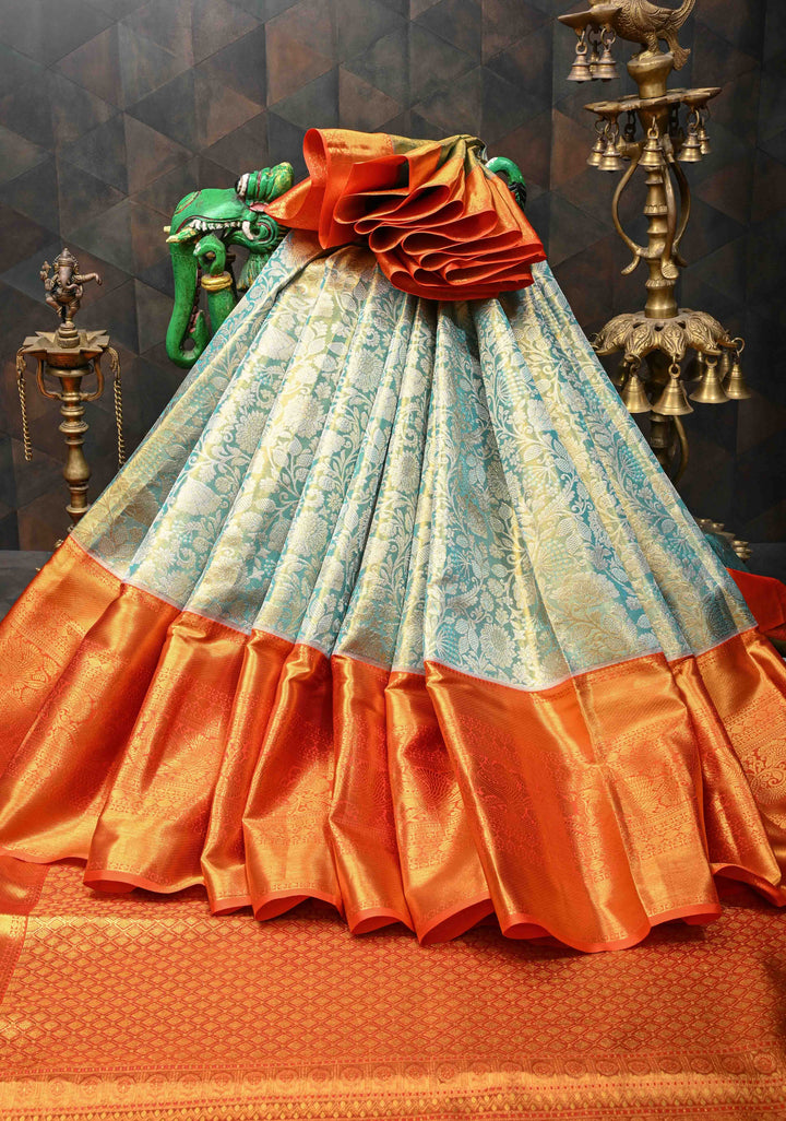 Dusty Teal Tissue Kanjivaram Silk Saree with Floral Brocade Jaal and Contrast Wide Zari Border | SILK MARK CERTIFIED