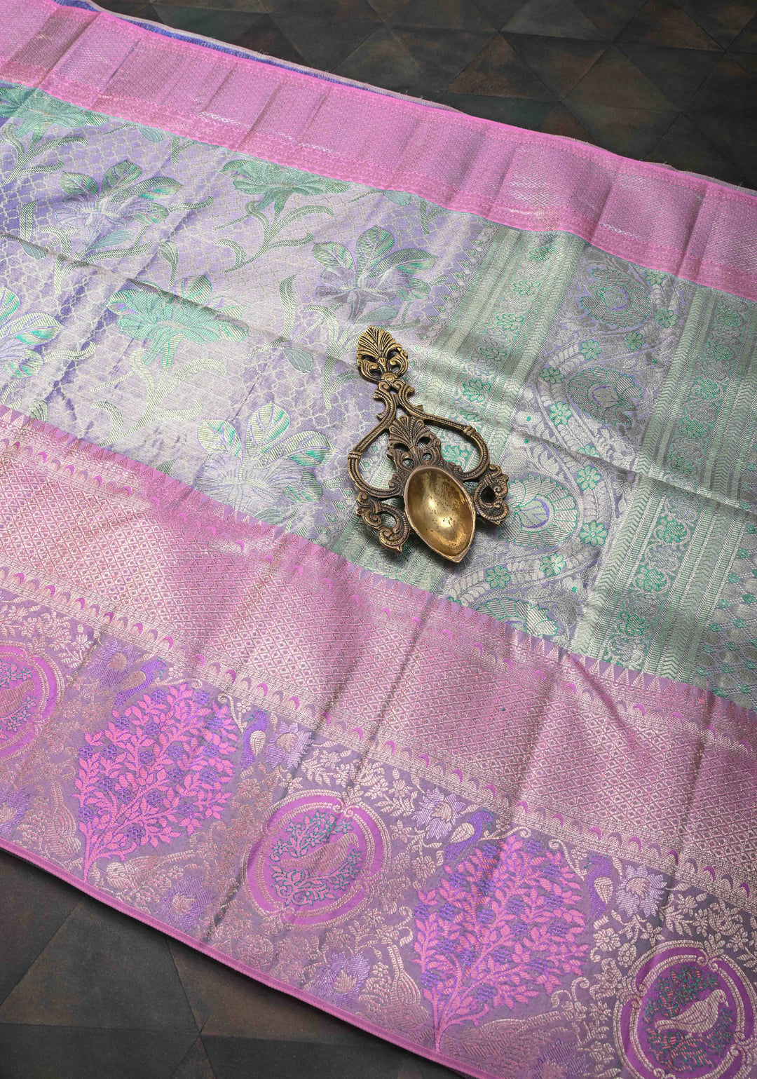 Lilac Tissue Meenakari Brocade  Kanjivaram Silk Saree with Pink Contrast Zari Border | SILK MARK CERTIFIED