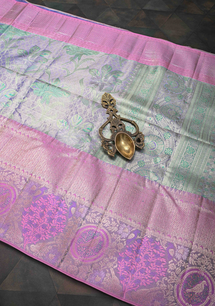 Lilac Tissue Meenakari Brocade  Kanjivaram Silk Saree with Pink Contrast Zari Border | SILK MARK CERTIFIED